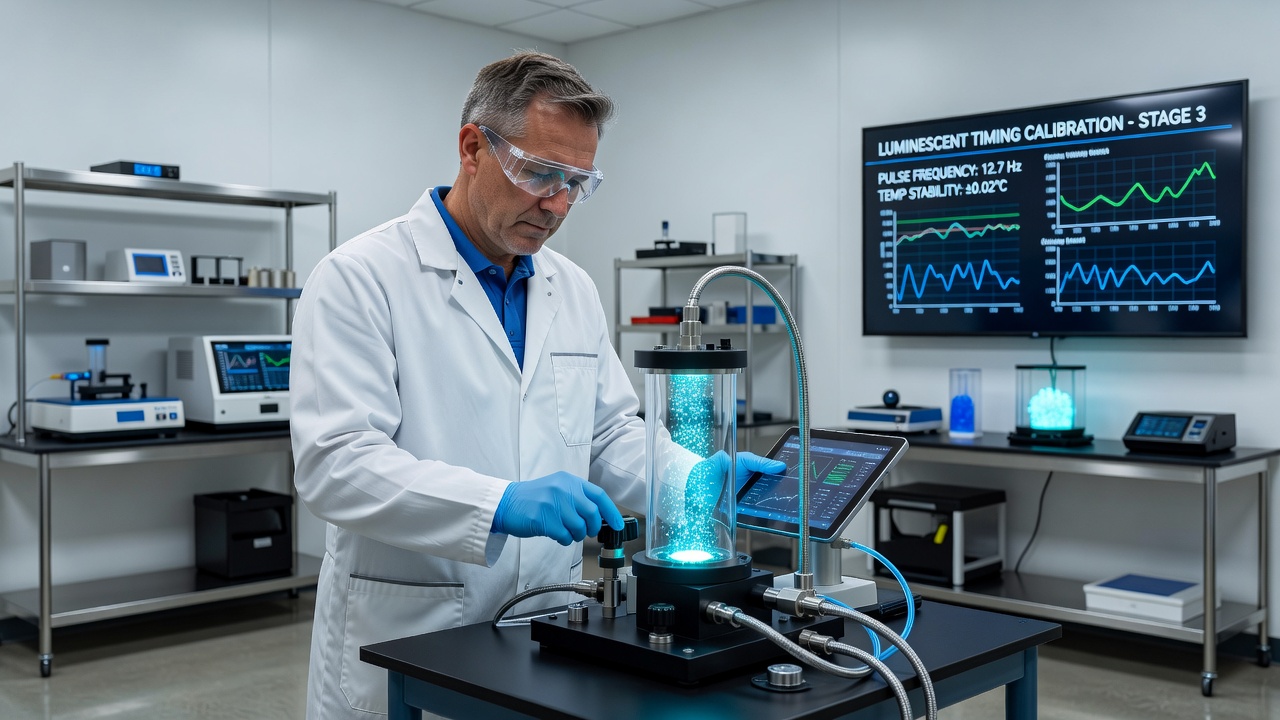 Industrial calibration setup featuring luminescent timing markers on heavy machinery components