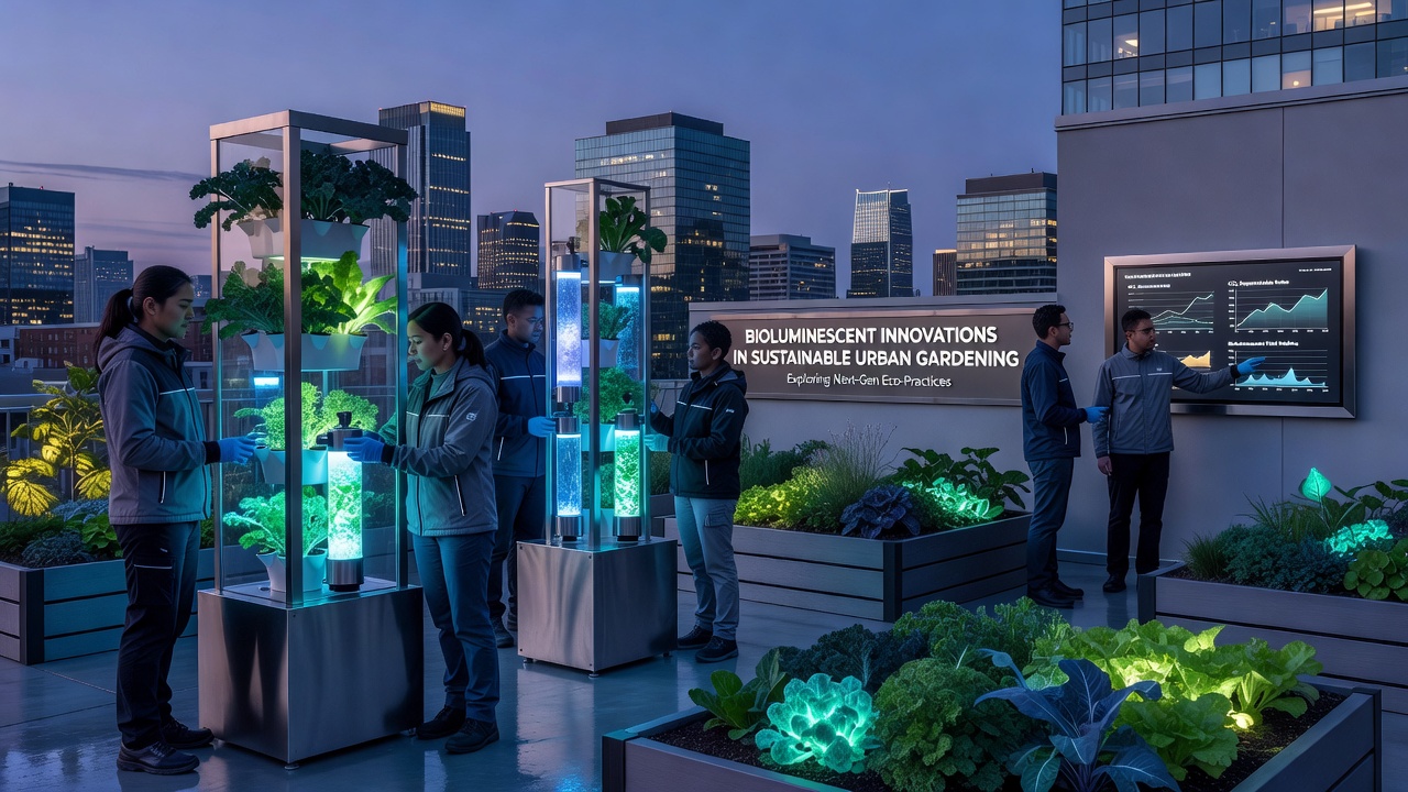 Vertical garden with bioluminescent elements integrated into a city building facade