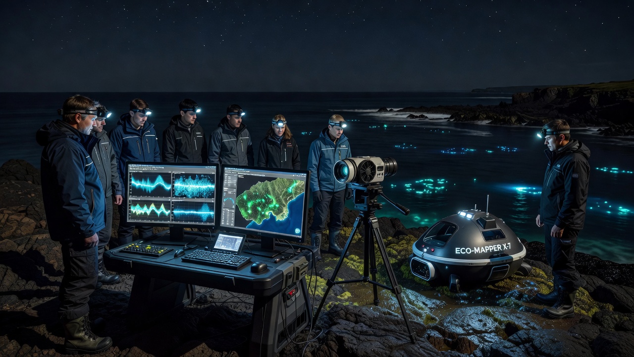 Close-up view of bioluminescent plankton glowing in sampled coastal water during nighttime analysis